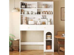 Meuble cuisine 120x45x180 cm avec plan de travail, rangement haut, 2 tiroirs et étagères, armoire de cuisine avec porte verre - blanc