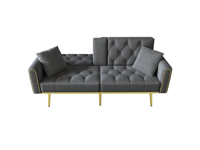  Canapé-lit 2 places 175x80x73,5cm dossier 3 positions 108°-135°-180° porte-gobelet pieds dorés velours gris  - Conforama A