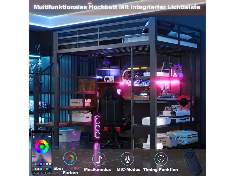  Lit mezzanine en métal 140 × 200 cm avec grand bureau, panneau perforé, prises, led et rangements, noir  - Conforama E