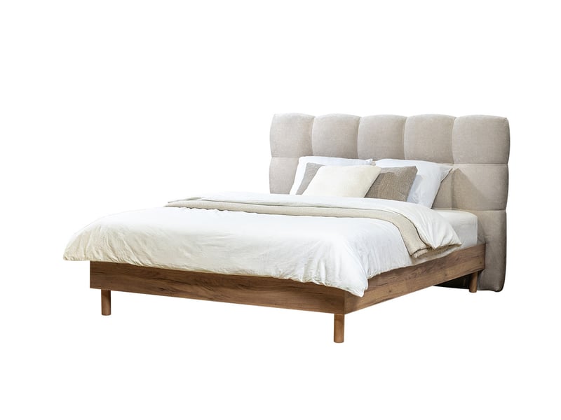  Bobochic lit kumo tissu lisse lattes massives pieds en bois naturel gris clair 180x200 KUMO - Conforama A