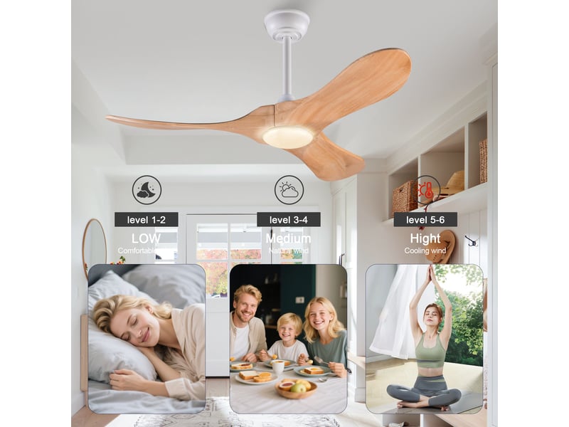 Ventilateur de plafond 107 cm éclairage led 3 couleurs dimmable 3 pales bois massif naturel et blanc réversible 6 vitesses - Conforama D