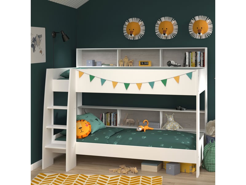 Lit superposé avec rangements 90x200 blanc et gris - Conforama B