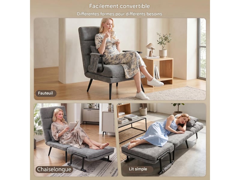  Fauteuil convertible 3 en 1 inclinable tissu chenille 73 x 67 x 96 cm  - Conforama D