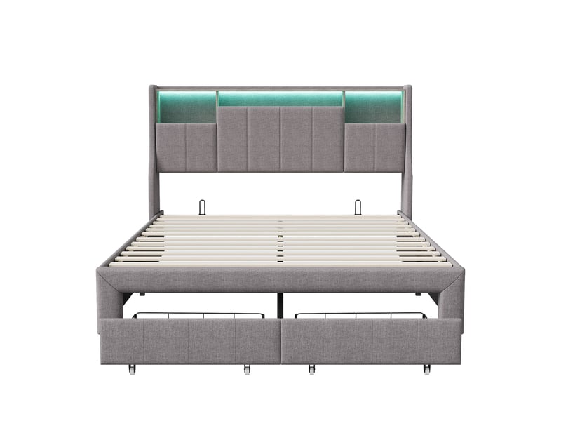 Lit adulte 160x200 avec sommier, 2 tiroirs, lit double capitonné avec éclairage led, 2 prises, 2 usb, tête de lit avec rangement et poches latérales, tissue lin, style scandinave(160x200cm, gris) - Conforama A