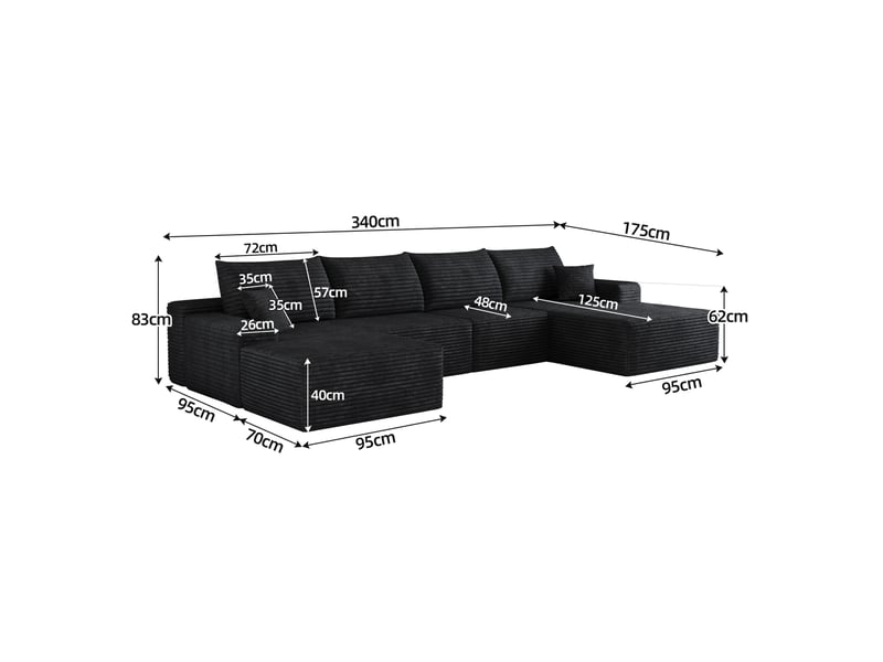  Canapé d'angle modulable 340x175x83 cm avec chaise longue noir  - Conforama E