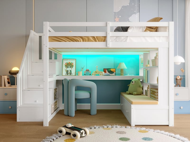  Lit mezzanine 140x200 cm avec bureau, étagères, 2 tiroirs et escalier de rangement, blanc  - Conforama B