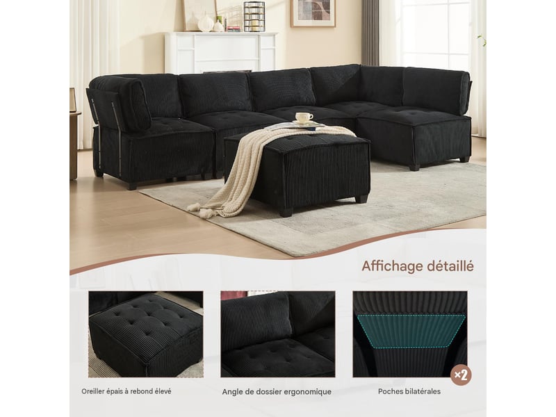 Canapé modulable 6 places en velours côtelé noir 308 cm W2845S00123 - Conforama D