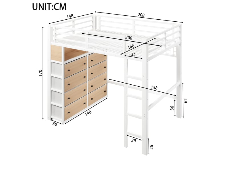  Lit mezzanine enfant 140x200 cm, 8 tiroirs et 2 étagères, panneau perforé, led 7 couleurs, espace inférieur ouvert, garde-corps intégral, métal blanc Radiant Stride - Conforama C
