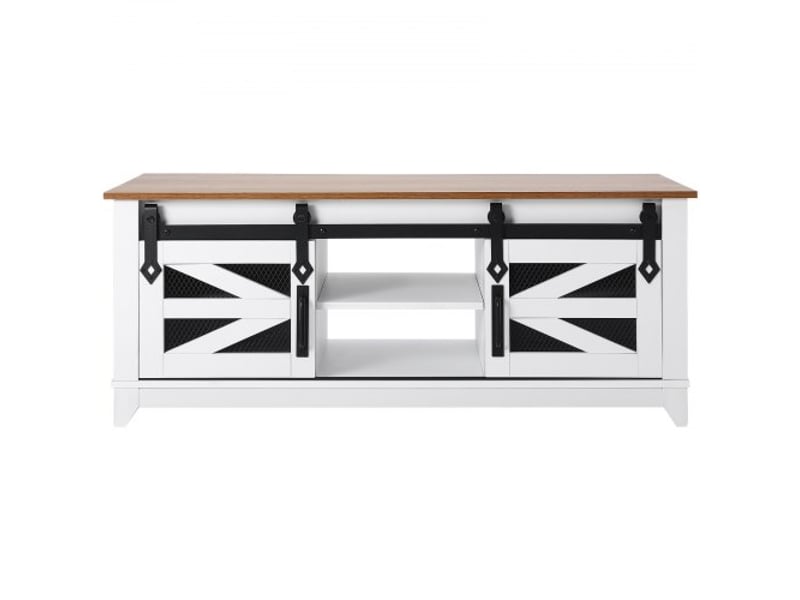  Table basse, 1210 x 560 x 481 mm, table de salon rectangulaire, 2 portes de grange coulissantes, table rustique en bois 2 niveaux, étagères amovibles, pour chambre, appartement, blanc et naturel  - Conforama E
