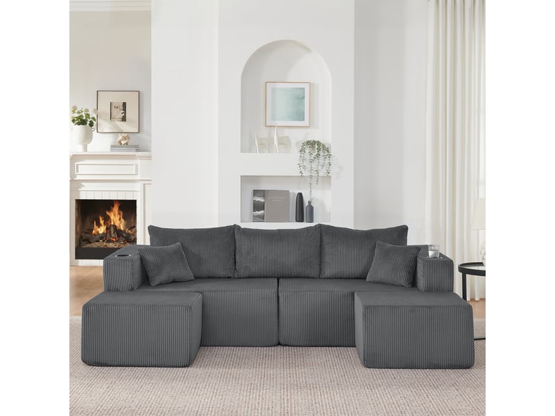 Canapé d'angle modulable 3 places en velours côtelé gris, avec 2 poufs, porte-gobelets, rangements, 300 kg  - Conforama W