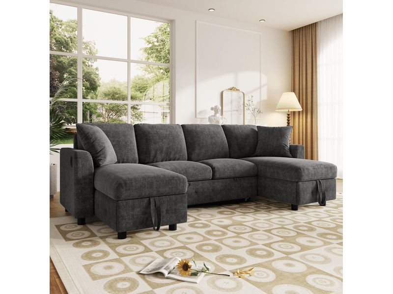  Canapé convertible en u 260x128x82 cm avec rangement en chenille gris foncé  - Conforama D
