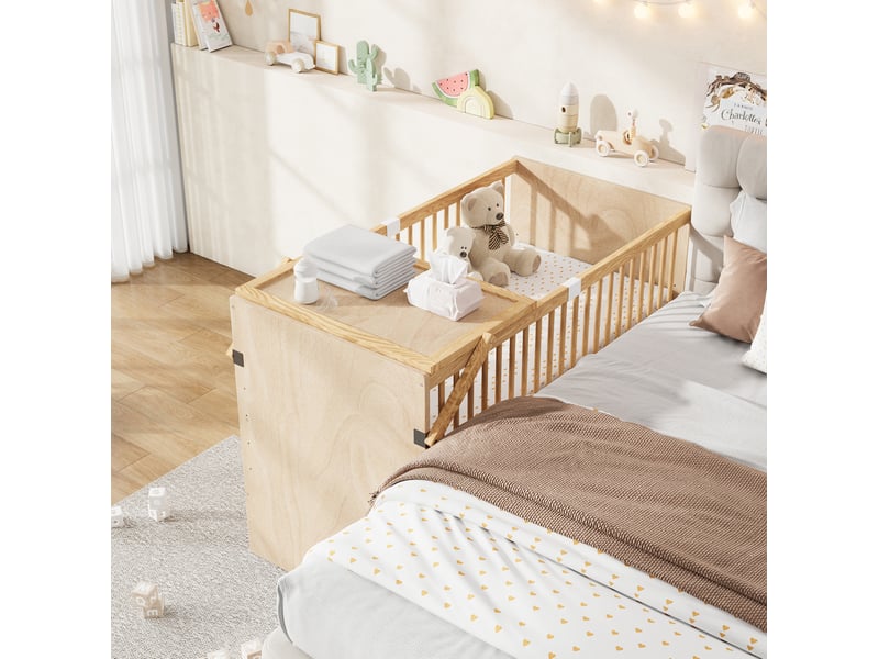 Lit bébé 70 × 140 cm avec plan à langer, 4 hauteurs de sommier, sans matelas, en pin, naturel - Conforama D