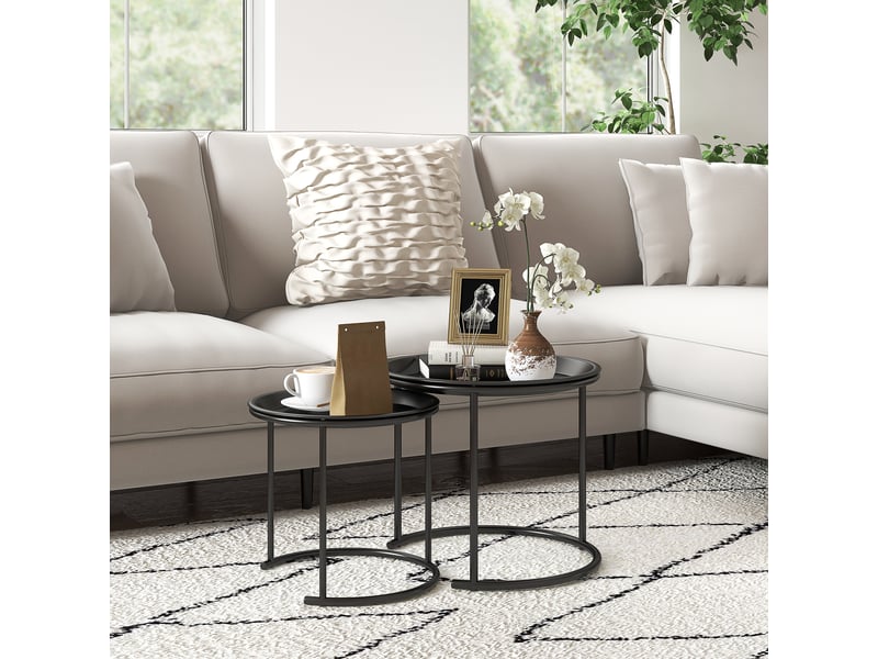  Lot de 2 tables basses rondes gigognes plateaux amovibles industriel style en acier  43 et  35 cm noir  - Conforama A