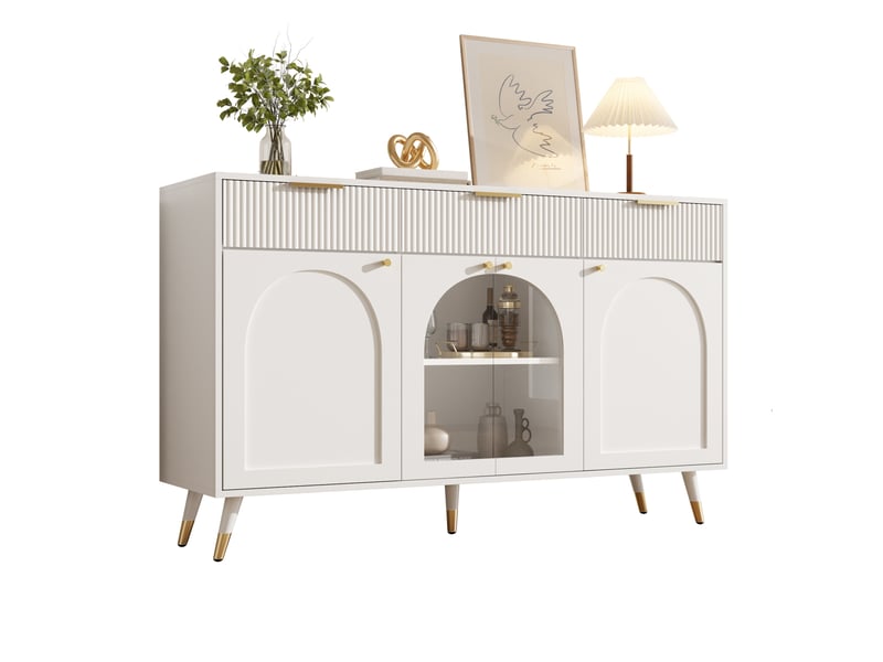  Buffet 4 portes 3 tiroirs blanc moderne 140 cm avec portes transparentes en acrylique  - Conforama A