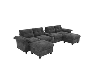 Canapé panoramique modulable 6 places en chenille gris, configuration ul avec 2 poufs de rangement, console centrale, led, usbtype-c, 312 x 142 x 82 cm