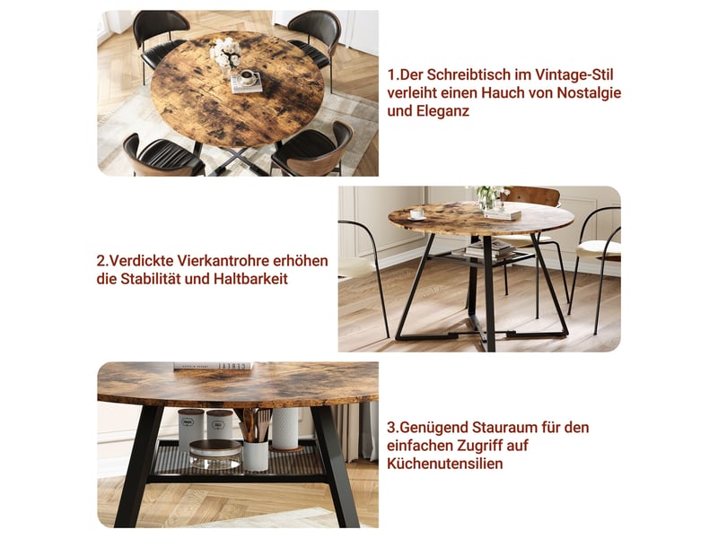  Table à manger ronde - 120x120x75cm - table de cuisine industrial vintage 4-6 personnes avec rangement en métal - marron  - Conforama D