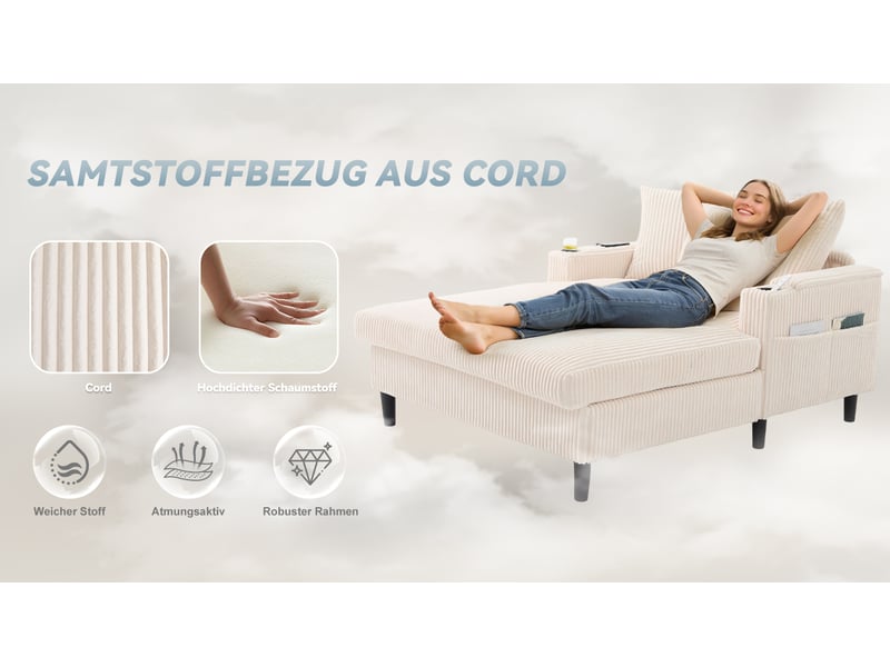 Canapé convertible en velours côtelé beige avec coffre intégré, led multicolore et porte-gobelets, 129x170 cm - Conforama R