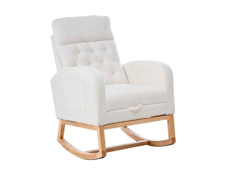 Fauteuil à bascule en bouclé avec repose-pieds réglable et poches latérales, style nordique blanc - Conforama A