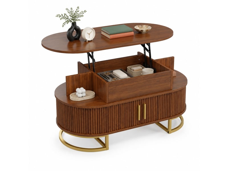  Table basse ovale 100 x 50 x 64 cm noyer mdf, plateau relevable hydraulique et rangement avec portes coulissantes  - Conforama A