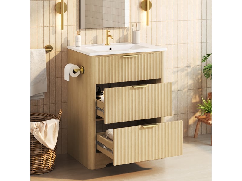  Meuble sous vasque lavabo, 2 tiroirs et porte-papier réversible pour salle de bain, mdf bois naturel, 61 × 47 × 82 cm  - Conforama D