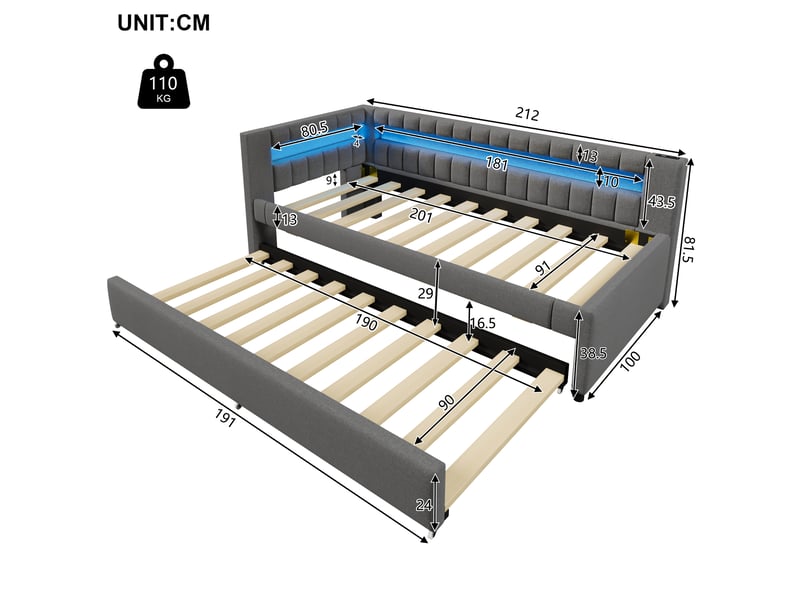 Lit banquette 90x200 gris avec lit gigogne - éclairage led intégré, ports usbtype-c, revêtement lin - Conforama C