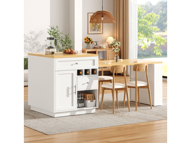 Îlot de cuisine extensible blanc et bois 121-195x70x93,5cm, table coulissante, rangements fermés, tiroirs et porte-bouteilles intégré, espace optimisé - Conforama B