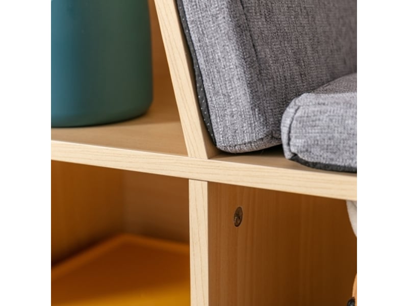  Banc coffre enfant grisnaturel, bibliothèque 6 compartiments, 3 coussins, rangement jouets, 103x30x62 cm  - Conforama E