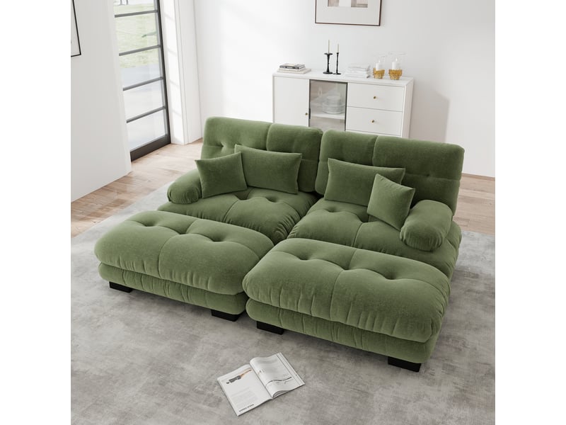  Canapé modulable en u 2 places avec 2 poufs mobiles, chenille vert, assise profonde  - Conforama D