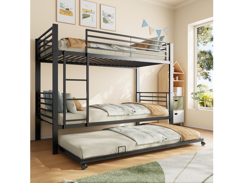  Lit superposé 90x200 cm, gigogne 90x190 cm, 3 couchages, barrière de sécurité + échelle, métal noir, sans matelas  - Conforama D