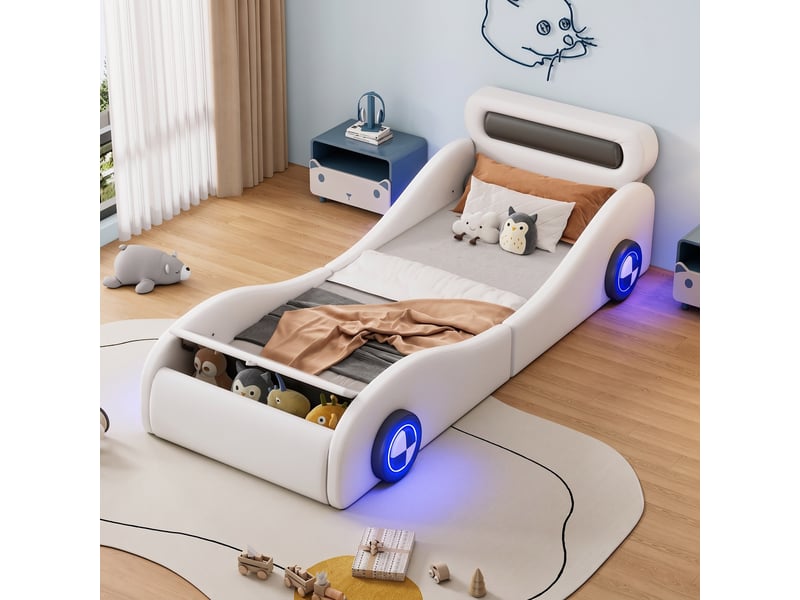  Lit voiture enfant 90x200 cm avec roues led lumineuses, coffre de rangement, tête de lit rembourrée en pu, lit junior design voiture - blanc  - Conforama B