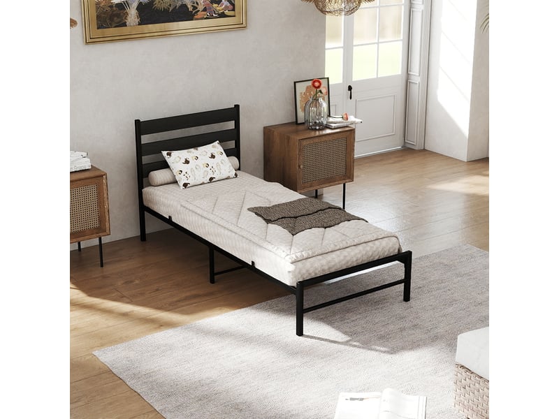  Lit simple 90x200 cm noir design minimaliste, tête de lit mdf, sommier à lattes inclus, stable et polyvalent pour chambre moderne，sans matelas  - Conforama C