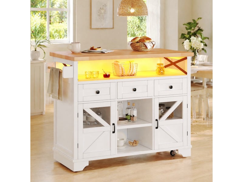  Desserte de cuisine mobile avec plateau rabattable et éclairage led - lpospi - rangements, portes en verre, mdf blanc  - Conforama C