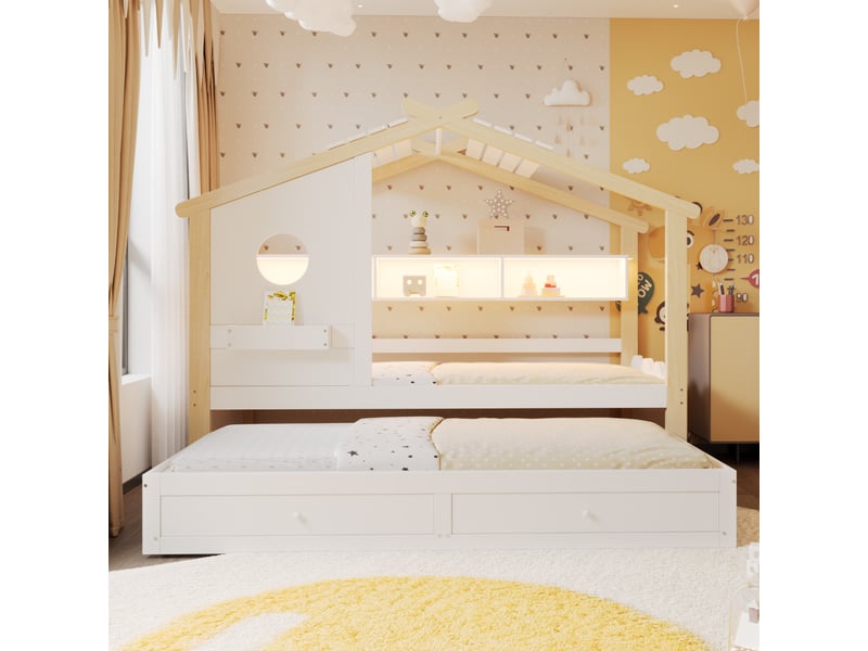  Lit enfant 90x200 cm - lit gigogne 90x200 cm - led rgb connectée et prises usb - 2 tiroirs - naturel  - Conforama D