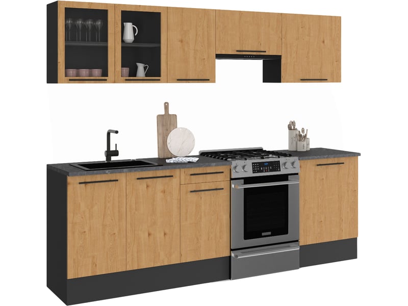 Cuisine complète 240 cm subtil avec vitrine + plan de travail 7 éléments noir et façon hêtre - Conforama E