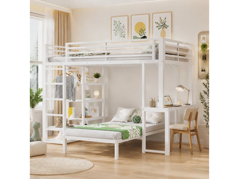  Lit superposé mezzanine 90x200 cm blanc métal et mdf avec bureau prises usb type-c 4 étagères rangement vêtements certifié en747 sans matelas Sol Morn - Conforama B
