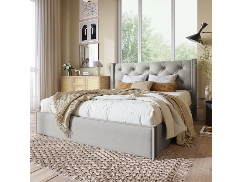 Lit coffre tcqpz 140 x 200 cm relevable gris clair structure métal lattes en bois  - Conforama E