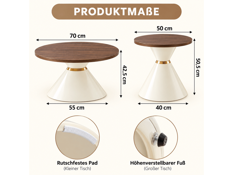 Table basse ø 50 cm aspect noyer table de salon lot de 2 pièces plateaux ronds structure en métal finition crème blanche accents dorés - Conforama C
