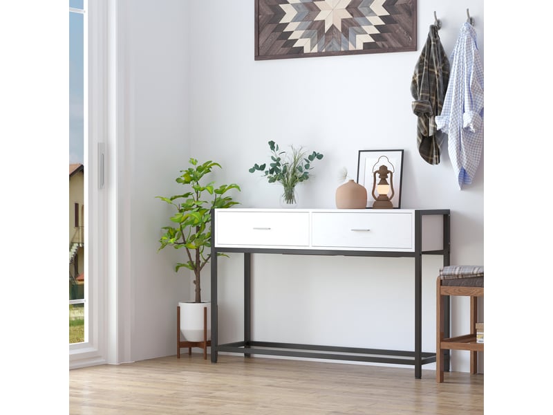  Console moderne avec 2 tiroirs et pieds réglables pour salon, 120 x 34 x 81 cm, noir et blanc  - Conforama B