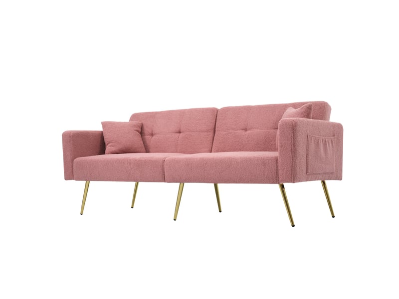  Canapé-lit 175x64x72 cm dossier réglable, poches latérales, pieds dorés, mousse, rose  - Conforama A