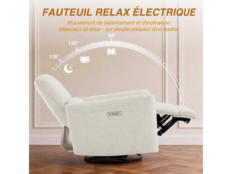  Fauteuil relax électrique pivotant 270° – usbtype-c, en tissu,dossier 135°, charge 159 kg-beige  - Conforama D