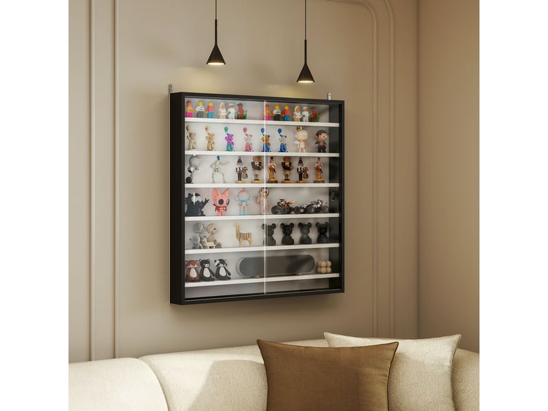  Vitrine murale en bois avec étagères réglables et 2 portes coulissantes en verre 80 x 9,5 x 83 cm noir  - Conforama D