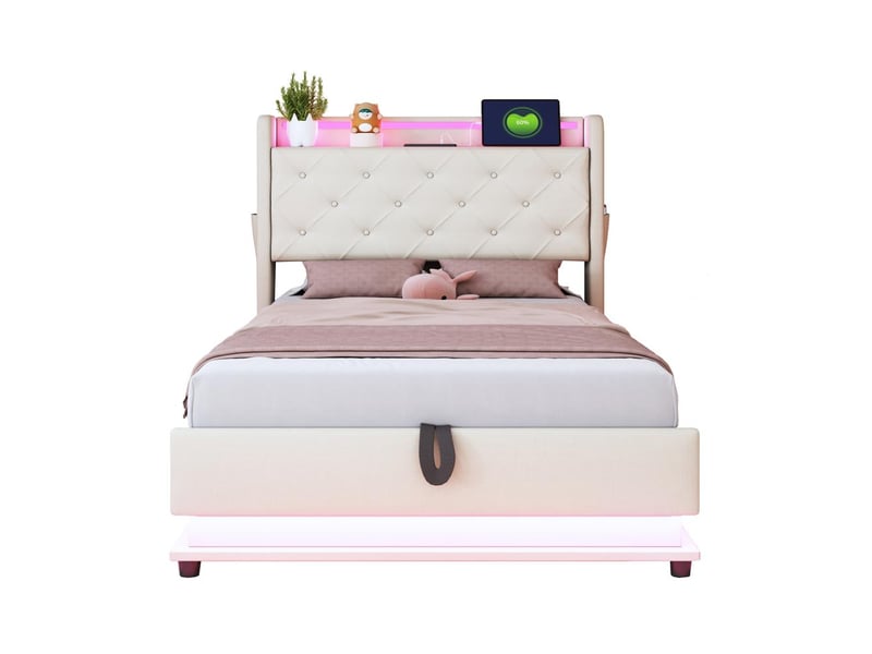  Lit enfant tapissier 90x200cm avec led, usb-c, tête relevable, rangement hydraulique, poche à téléphone, lin beige  - Conforama A