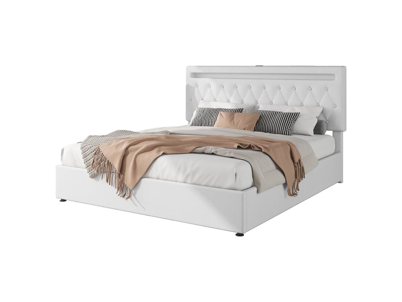  Lit 180x200 cm capitonné blanc coffre hydraulique led multicolore ports usb  - Conforama E
