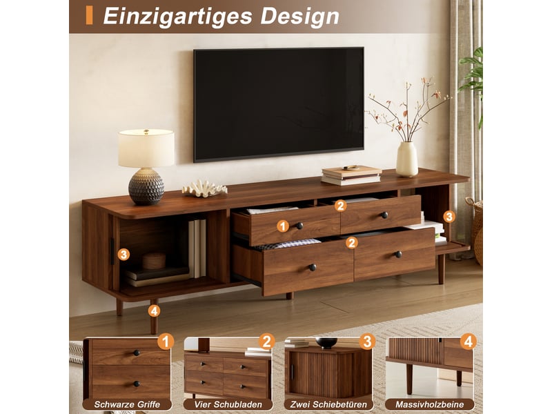  Meuble tv avec 2 portes coulissantes et 4 tiroirs, 165 x 40 x 46 cm, angles arrondis et façades rainurées, mdf, couleur noyer Morn Vibe - Conforama D