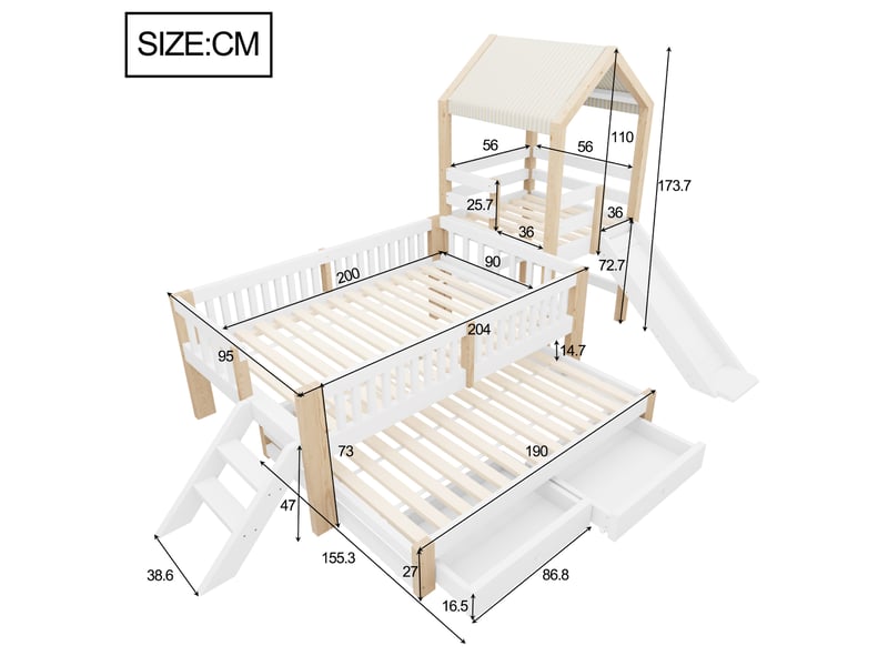  Lit superposé cabane 90x200 cm avec lit gigogne 90x190 - lit enfant en bois avec toboggan, escalier de rangement, tiroirs et toit en tissu, blanc et naturel evarich - Conforama C