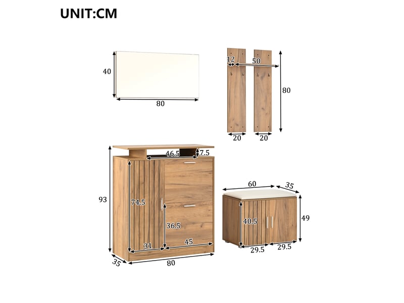  Vestiaire d'entrée avec banc, miroir et 5 portes naturel 140x35x133 cm N657P34738283N - Conforama C