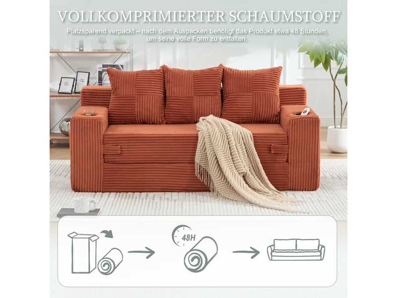  Canapé 3 places en velours côtelé, sans montage, design modulaire, porte-gobelets, rangements latéraux, 172×87×64 cm  - Conforama W