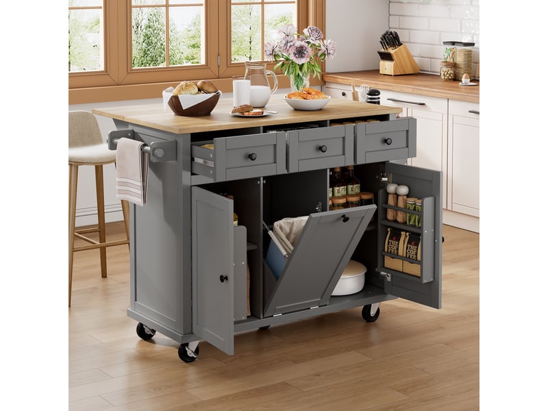 Îlot de cuisine 112x46,2-76,2 cm en mdf avec plan de travail extensible, roulettes et compartiment à déchets naturel et gris chicfurn - Conforama C