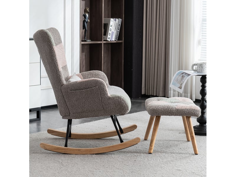  Fauteuil à bascule relax 68x83x91cm avec pouf 49x38x37 cm coussin lombaire gommier confort velours coloré  - Conforama E