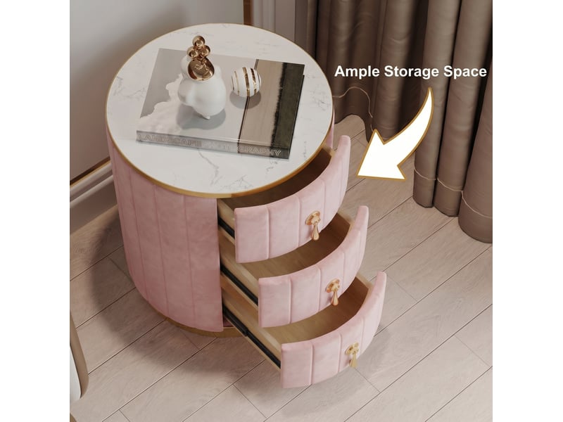  Table de chevet ronde 40 x 40 x 52,5 cm à 3 tiroirs, velours rose, plateau effet marbre, finitions métal doré  - Conforama D
